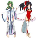  adapted_costume alternate_costume anklet barefoot black_hair bow china_dress chinese_clothes detached_sleeves feet frog ga_no_kitsune green_eyes green_hair hair_bow hair_ornament hakurei_reimu highres jewelry kochiya_sanae legs long_hair multiple_girls nail_polish ponytail red_eyes short_hair snake toeless_socks touhou tsurime 