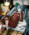  blue_eyes blue_hair book can food hatsune_miku lightbulb long_hair lying name_tag newspaper noodles ramen sleeves_pushed_up socks solo tea track_suit twintails uzumaki_hiyoko very_long_hair vocaloid watanore world_is_mine_(vocaloid) 