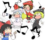  2010_fifa_world_cup 4girls black_hair blonde_hair blue_hair bow brown_hair crescent crescent_moon detached_sleeves hair_bow hakurei_reimu hat horn_(instrument) japanese_clothes lunasa_prismriver lyrica_prismriver merlin_prismriver miko multiple_girls musical_note short_hair soccer_uniform star touhou tsunamayo tsunamayoman vuvuzela world_cup 