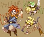  ayla belt blue_eyes cape chrono_trigger club crono gloves green_skin headband himmelxxx kaeru_(chrono_trigger) laughing long_hair scarf sheath sword weapon wristband yellow_eyes 