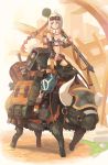  ankle_boots antenna_hair black_eyes boots breasts cleavage dagger detached_sleeves fantasy goggles goggles_on_head highres holding horns luggage midriff nigoro original ox red_eyes riding sheath sheathed short_hair sitting smile solo sword test_tube weapon white_hair 