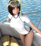  bikini_bottom black_eyes boat brown_hair diving_mask diving_suit flippers goggles goggles_on_head highres hinemaru short_hair snorkel solo swimsuit swmsuit t-shirt water 