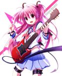  ankle_lace-up cable cross-laced_footwear fang guitar instrument long_hair pink_eyes pink_hair plectrum school_uniform serafuku steelleets thigh_strap twintails yui_(angel_beats!) 