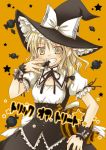  blonde_hair candy grin hat kirisame_marisa kodou_mikoto smile solo touhou translated translation_request witch_hat yellow_eyes 