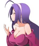  bare_shoulders breasts cleavage earrings hairband idolmaster issei jewelry large_breasts long_hair miura_azusa open_mouth pink_eyes profile purple_hair solo 