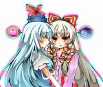   2girls closed_eyes fujiwara_no_mokou fuku-chan_(artist) hair_ribbon heart kamishirasawa_keine long_hair profile ribbon smile sweatdrop touhou  