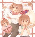  brown_eyes brown_hair cake checkerboard_cookie chef chef_hat cookie cream_puff food hat hirasawa_yui k-on! multiple_persona pantyhose pastry ponta_(aoi) school_uniform short_hair toque 