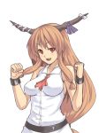  adult bare_legs breasts bust clenched_hands cuffs horns houtengeki ibuki_suika impossible_clothes impossible_shirt large_breasts long_hair orange_hair red_eyes shirt simple_background smile solo touhou 