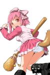  belt boots bow broom buckle hair_bow jingle_bell open_mouth original panties pink_eyes pink_hair ribbon ryou_(effort) skirt solo tail underwear 