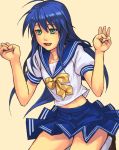  and aqua_eyes blue_hair izumi_konata jumping loafers long_hair lucky_star midriff mole open_mouth school_uniform serafuku shoes simple_background skirt smile socks solo thighs white_legwear white_socks 