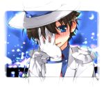  blue_eyes blush cape detective_conan formal gloves hand_over_eye hat kaito_kid male monocle night solo suit top_hat toujou_sakana 