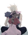  blonde_hair brown_hair cloud_strife couple cropped_jacket dress drill_hair final_fantasy final_fantasy_vii hidaka_ryou hug hug_from_behind ponytail sitting spiked_hair spiky_hair 