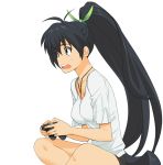  black_hair blue_eyes controller game_controller gamepad ganaha_hibiki idolmaster indian_style jewelry long_hair necklace open_mouth ponytail sitting solo sweatdrop very_long_hair 
