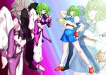  baggy_pants bare_legs barefoot bobby_socks breasts colored_eyelashes cosplay dual_persona feet fingerless_gloves gloves green_hair han_juri han_juri_(cosplay) hand_behind_head hand_on_own_chest kasugano_sakura kasugano_sakura_(cosplay) kazami_yuuka midriff multiple_girls navel pleated_skirt red_eyes sagattoru school_uniform serafuku sideboob skirt smirk socks standing_on_one_leg street_fighter street_fighter_iv toeless_socks touhou zoom_layer 