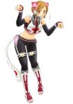  blush boots brown_eyes brown_hair cat_ears cat_pose cat_tail cosplay detached_sleeves headphones headset kaito kaito_(cosplay) meiko meikousei midriff navel neko_cyber project_diva project_diva_2nd short_hair simple_background solo sweatdrop tail vocaloid 