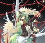  bad_id bowtie detached_sleeves dress earrings frills green_eyes green_hair hair_ribbon hatsune_miku in_tree jewelry long_hair rabishia ribbon sitting sitting_in_tree solo thigh-highs thighhighs tree twintails very_long_hair vocaloid wings 