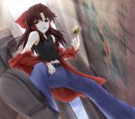  alley alternate_costume bow brown_eyes brown_hair casual cigarette cofi_(eternal) contemporary eternal from_below hair_bow hakurei_reimu jacket jeans lighter long_hair midriff navel solo touhou yin_yang 