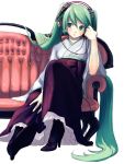  boots green_eyes green_hair hand_on_headphones hatsune_miku headphones high_heels japanese_clothes kimono leuco long_hair shoes sitting solo twintails very_long_hair vocaloid 