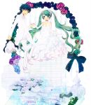  1girl aya_(naocat) bad_id blue_hair bride couple dress green_hair hatsune_miku kaito long_hair smile very_long_hair vocaloid wedding_dress 