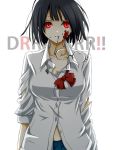  blood bob_cut breasts cleavage durarara!! glasses glowing glowing_eyes large_breasts mouth_hold nachoco red_eyes school_uniform short_hair solo sonohara_anri torn_clothes 