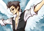  angel_wings bad_id facial_hair hanekoma_sanae male outstretched_arms solo spoilers spread_arms stubble subarashiki_kono_sekai sunglasses toki_hal vest wings 