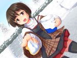  bob_cut brown_eyes brown_hair dutch_angle food foreshortening ice_cream iyamato kanon misaka_shiori shawl short_hair snow solo thigh-highs thighhighs 