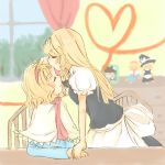  alice_margatroid blonde_hair blush capelet character_doll closed_eyes doll dress forehead_kiss hair_ribbon hairband heart kirisame_marisa kiss mani_(1000koma) multiple_girls mutual_yuri ribbon sitting sketch touhou window yuri 