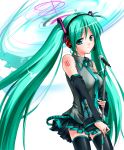  detached_sleeves green_eyes green_hair hatsune_miku headset long_hair microphone microphone_stand muto necktie skirt solo thigh-highs thighhighs twintails very_long_hair vocaloid 