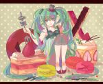  bad_id bow cake darkmake food fork fruit green_eyes green_hair hat hatsune_miku long_hair macaron sitting smile solo strawberry sweets top_hat twintails very_long_hair vocaloid 