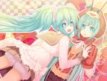  aqua_eyes aqua_hair bloomers bowtie bunny_ears dual_persona ears food frills fruit gloves hatsune_miku holding_hands long_hair looking_back lots_of_laugh_(vocaloid) rabbit sasakinaoto scrunchie skirt smile strawberry twintails very_long_hair vocaloid 