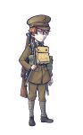  1girl absurdres ammunition_pouch bayonet black_footwear bolt_action boots british_army brown_jacket brown_pants buttons commentary full_body grey_eyes gun gun_on_back gun_sling hat hat_ornament highres holding holding_gun holding_weapon insignia jacket lee-enfield leg_wrap load_bearing_equipment long_sleeves looking_at_viewer military military_hat military_uniform orange_hair original pants peaked_cap pouch puttee rifle simple_background soldier solo standing uniform united_kingdom warriordesu weapon weapon_on_back white_background world_war_ii 