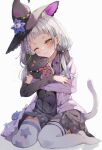  1girl :t asymmetrical_legwear black_headwear black_shirt black_skirt blush braid cardigan cat_tail commentary_request grey_hair hat highres hololive hug long_sleeves miakiuehashi mismatched_legwear murasaki_shion no_shoes one_eye_closed pleated_skirt purple_cardigan shadow shiokko_(murasaki_shion) shirt side_braid sidelocks simple_background skirt solo star_(symbol) star_print tail thigh-highs virtual_youtuber white_background white_thighhighs witch_hat yellow_eyes 