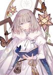  blue_eyes book bug butterfly cape closed_mouth crown dress fate/grand_order fate_(series) grey_hair hair_between_eyes highres holding holding_book mizumizu_(phoenix) oberon_(fate) open_mouth white_cape white_dress 