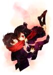  1boy 1girl bad_id bad_pixiv_id black_eyes black_footwear black_hair black_jacket black_pants black_serafuku black_socks brown_footwear buttons chibi closed_mouth falling full_body gakuran hair_ornament hairclip jacket kagerou_project kisaragi_shintarou kneehighs loafers long_hair looking_at_another midair neckerchief open_clothes open_jacket pants pink_background pleated_skirt red_eyes sailor_collar sayo_(asa_17) scarf school_uniform serafuku shirt shoes short_hair simple_background skirt smile socks tateyama_ayano uniform white_background white_shirt 