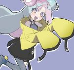  1girl blue_hair bow-shaped_hair grey_pantyhose grey_shirt iono_(pokemon) jacket konakusoosyou long_hair looking_at_viewer low-tied_long_hair multicolored_hair open_mouth oversized_clothes pantyhose pink_eyes pink_hair pokemon pokemon_(game) pokemon_sv sharp_teeth shirt single_leg_pantyhose sleeveless sleeveless_shirt sleeves_past_fingers sleeves_past_wrists smile solo teeth twintails two-tone_hair very_long_hair yellow_jacket 