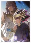 2boys armlet atem black_hair blonde_hair border brown_eyes brown_hair collar dangle_earrings dark-skinned_male dark_skin dated earrings egyptian_clothes eye_of_horus gradient_hair hair_between_eyes headdress highres holding holding_scepter jewelry long_hair looking_ahead looking_to_the_side mahado male_focus multicolored_hair multiple_boys pink_hair purple_hair redrawn scepter sidelighting signature sky smile spiky_hair sunlight upper_body violet_eyes white_border white_tunic youduk yu-gi-oh! yu-gi-oh!_duel_monsters