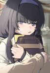  1girl black_hair blue_archive blush book cardigan grey_cardigan hairband highres holding holding_book long_hair long_sleeves looking_at_viewer open_mouth purple_hairband shioda_(shioda_5) solo ui_(blue_archive) upper_body violet_eyes 