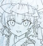  1girl chaka3464 collarbone collared_shirt flandre_scarlet frilled_shirt_collar frills greyscale hair_between_eyes hat looking_at_another making-of medium_hair mob_cap monochrome one_side_up pointy_ears shirt sketch solo touhou traditional_media 