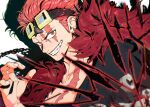  1boy artist_name coat commentary eustass_kid fur_coat goggles goggles_on_head highres looking_at_viewer male_focus mygiorni one_piece red_coat red_eyes redhead scar scar_across_eye scar_on_chest scar_on_face short_hair smile solo teeth 