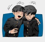  2boys black_hair brothers closed_eyes cutystuffy gakuran kageyama_ritsu kageyama_shigeo laughing long_sleeves male_focus mob_psycho_100 multiple_boys open_mouth school_uniform short_hair siblings simple_background smile upper_body white_background 