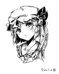  1girl ascot closed_eyes collared_shirt dated flandre_scarlet frilled_shirt_collar frills greyscale hat head_tilt highres looking_at_another medium_hair mob_cap monochrome nattsuhan one_side_up portrait shirt simple_background solo touhou 