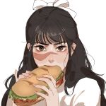  1girl black_hair blush bow bread brown_eyes eating fingernails food hair_behind_ear hair_bow highres holding holding_food holding_sandwich iori_utahime jujutsu_kaisen lettuce long_hair looking_at_viewer moon_(mewnbyul) nail_polish nose_blush pink_nails pinky_out sandwich scar scar_on_face shirt simple_background solo submarine_sandwich swept_bangs tomato upper_body white_background white_bow white_shirt 