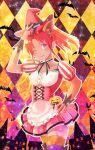  1girl animal_ears argyle argyle_background bat_(animal) closed_mouth collarbone dress fake_animal_ears halloween_costume hat jack-o&#039;-lantern long_hair looking_at_viewer macchi_theo millie_chliette one_eye_closed orange_thighhighs pink_eyes pink_hair pointy_ears ponytail skirt smile solo star_ocean star_ocean_anamnesis star_ocean_first_departure thigh-highs v witch_hat 