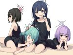  aged_down aqua_hair atsuko_(blue_archive) bandaid bandaid_on_face black_hair black_shirt black_shorts blue_archive blue_eyes brown_eyes brown_hair commentary_request halo highres hiyori_(blue_archive) long_hair looking_at_viewer lying misaki_(blue_archive) momomatang on_stomach purple_hair red_eyes saori_(blue_archive) shirt short_hair short_sleeves shorts sleeping t-shirt thighs v white_background 