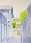  alley building highres naoy_watercolor original painting_(medium) path plant road street tongue tongue_out traditional_media tree watercolor_(medium) window 