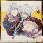  2boys bishounen blue_eyes dante_(devil_may_cry) devil_may_cry_(series) highres long_hair mire_f05 multiple_boys nero_(devil_may_cry) uncle_and_nephew white_hair 