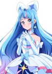  1girl absurdres ascot blue_eyes blue_hair blush bow brooch cosplay cure_prism cure_prism_(cosplay) cure_sky dress dress_bow earrings elbow_gloves glove_bow gloves highres hirogaru_sky!_precure jewelry layered_dress long_hair looking_at_viewer magical_girl medium_dress precure s-operator smile solo sora_harewataru white_ascot white_dress white_gloves wing_brooch 