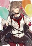  1girl animal_ears arknights balloon bear_ears black_collar blue_eyes brown_hair cardigan coat collar confetti fur-trimmed_coat fur_trim highres holding holding_balloon jiru_(6pp_ab) long_hair pantyhose pleated_skirt red_pantyhose skirt white_cardigan zima_(arknights) 