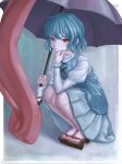  1girl blue_eyes blue_hair blue_skirt blue_vest closed_mouth commentary_request full_body geta highres holding holding_umbrella juliet_sleeves karakasa_obake long_sleeves looking_at_viewer puffy_sleeves purple_umbrella red_eyes short_hair skirt solo tatara_kogasa tongue touhou umbrella vest zhu_ting 