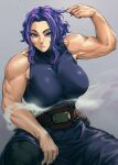  1girl belt biceps boku_no_hero_academia breasts collarbone highres lady_nagant large_breasts looking_at_viewer mikel_(4hands) multicolored_hair muscular muscular_female purple_hair short_hair sitting skin_tight sleeveless solo steam two-tone_hair violet_eyes 